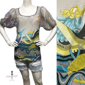 TSUMORI CHISATO Silk Art Peasant Top Blouse Turtle Octopus Ocean Lady Whale XS S